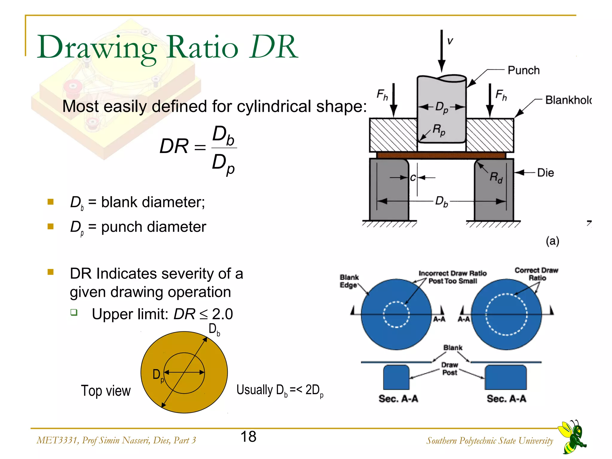 Southern Polytechnic State University18MET3331, Prof Simin Nasseri, Dies, Part 3
Drawing Ratio DR
 Db = blank diameter;
 Dp = punch diameter
 DR Indicates severity of a
given drawing operation
 Upper limit: DR ≤ 2.0
Most easily defined for cylindrical shape:
p
b
D
D
DR =
Db
Dp
Usually Db =< 2DpTop view
 