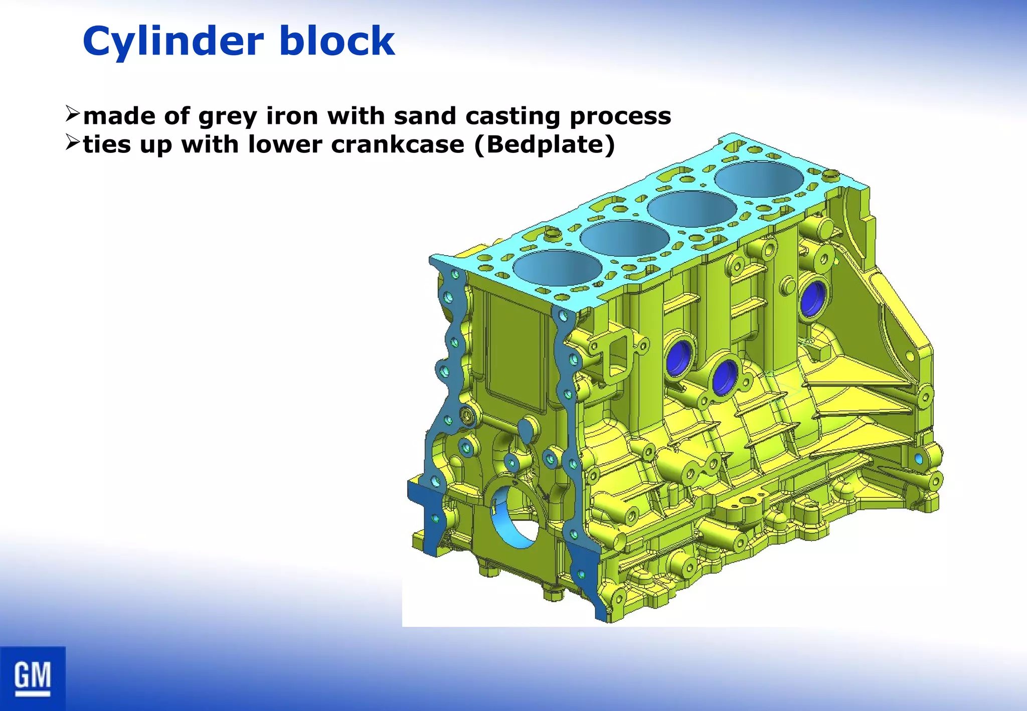 Cylinder block
made of grey iron with sand casting process
ties up with lower crankcase (Bedplate)
 
