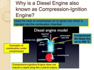 Why is a Diesel Engine also
       known as Compression-Ignition
       Engine?
      Uses the heat of compressed air to ignite fuel which is
      injected into the combustion chamber.


                                                      Compressed
                                                      Air heats the
                                                      air to 550 °C
  Examples of
combustion under
  compression




     Compression-Ignition Engine does not
     require a spark plug like a petrol engine.
 