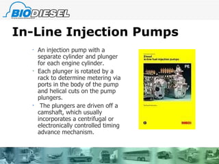 In-Line Injection Pumps An injection pump with a separate cylinder and plunger for each engine cylinder.  Each plunger is rotated by a rack to determine metering via ports in the body of the pump and helical cuts on the pump plungers. The plungers are driven off a camshaft, which usually incorporates a centrifugal or electronically controlled timing advance mechanism.  