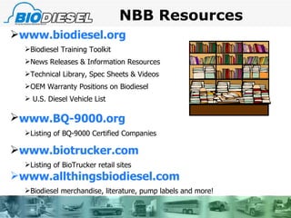 NBB Resources www.biodiesel.org Biodiesel Training Toolkit   News Releases & Information Resources Technical Library, Spec Sheets & Videos OEM Warranty Positions on Biodiesel U.S. Diesel Vehicle List www.BQ-9000.org   Listing of BQ-9000 Certified Companies www.biotrucker.com Listing of BioTrucker retail sites   www.allthingsbiodiesel.com Biodiesel merchandise, literature, pump labels and more! 