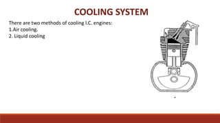 COOLING SYSTEM
There are two methods of cooling I.C. engines:
1.Air cooling.
2. Liquid cooling
 