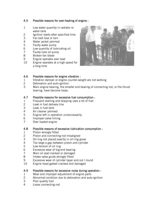 4.54.54.54.5 PPPPossible reasonsossible reasonsossible reasonsossible reasons forforforfor overoveroverover----heatheatheatheatinginginging of engineof engineof engineof engine ::::
1 Low water quantity in radiator or
water tank
2 Ignition starts after specified time
3 Fan belt lose or torn
4 Water jacket jammed
5 Faulty water pump
6 Low quantity of lubricating oil
7 Faulty lube oil pump
8 Broken fan blade
9 Engine operates over load
10 Engine operates at a high speed for
a long time
4.64.64.64.6 Possible reasons forPossible reasons forPossible reasons forPossible reasons for engine vibrationengine vibrationengine vibrationengine vibration ::::
1 Vibration damper or engine counter-weight are not working
2 Detonation and auto-ignition
3 Main engine bearing, the smaller end bearing of connecting rod, or the thrust
bearing, have become loose.
4.74.74.74.7 PPPPossible reasons forossible reasons forossible reasons forossible reasons for excessive fuel consumptionexcessive fuel consumptionexcessive fuel consumptionexcessive fuel consumption ::::
1 Frequent starting and stopping uses a lot of fuel
2 Leak in fuel delivery line
3 Leak in fuel tank
4 Air cleaner jammed
5 Engine left in operation unneccessarily
6 Improper valve timing
7 Over loaded engine
4.84.84.84.8 Possible reasons of excessive lubrication consumptionPossible reasons of excessive lubrication consumptionPossible reasons of excessive lubrication consumptionPossible reasons of excessive lubrication consumption ::::
1 Piston wrongly fitted
2 Piston and connecting rod misaligned
3 Oil ring not placed exactly in oil ring grove
4 Too large a gap between piston and cylinder
5 Low tension of oil ring
6 Excessive wear of big-end bearing
7 Main oil seal cracked or damaged
8 Intake valve guide wrongly fitted
9 Excessive wear of cylinder taper and out / round
10 Engine head gasket cracked and damaged
4.94.94.94.9 Possible reasons forPossible reasons forPossible reasons forPossible reasons for excessiveexcessiveexcessiveexcessive noisenoisenoisenoise during operationduring operationduring operationduring operation ::::
1 Wear and improper adjustment of engine parts
2 Abnormal condition due to detonation and auto-ignition
3 Poor quality fuel
4 Loose connecting rod
 