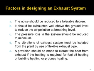 a.
b.
c.
d.
e.

The noise should be reduced to a tolerable degree.
It should be exhausted well above the ground level
to reduce the air pollution at breathing level.
The pressure loss in the system should be reduced
to minimum.
The vibrations of exhaust system must be isolated
from the plant by use of flexible exhaust pipe.
A provision should be made to extract the heat from
exhaust if the heating is required for fuel oil heating
or building heating or process heating.

23

 