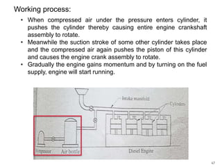 Working process:
• When compressed air under the pressure enters cylinder, it
pushes the cylinder thereby causing entire engine crankshaft
assembly to rotate.
• Meanwhile the suction stroke of some other cylinder takes place
and the compressed air again pushes the piston of this cylinder
and causes the engine crank assembly to rotate.
• Gradually the engine gains momentum and by turning on the fuel
supply, engine will start running.

47

 