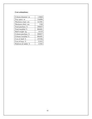 Cost estimations:
Column diameter m 1.0668
Tray space m 0.6096
Thickness (top) cm 0.2381
Thickness (bot) cm 5.08
Total purchase $ 288827
Total installed $ 866481
Shell weight kg 14135
Column purchase $ 288827
Column installed $ 866481
Cost of shell $ 193384
Cost of trays $ 21412
Platform & ladder $ 12383
 