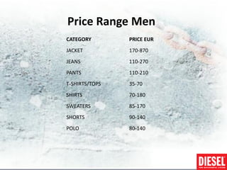 Price Range Men
CATEGORY        PRICE EUR
JACKET          170-870
JEANS           110-270
PANTS           110-210
T-SHIRTS/TOPS   35-70
SHIRTS          70-180
SWEATERS        85-170
SHORTS          90-140
POLO            80-140
 