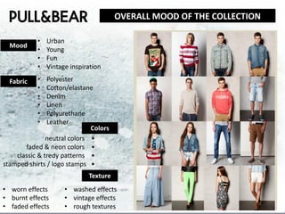 OVERALL MOOD OF THE COLLECTION

           •   Urban
  Mood
           •   Young
           •   Fun
           •   Vintage inspiration

  Fabric   •   Polyester
           •   Cotton/elastane
           •   Denim
           •   Linen
           •   Polyurethane
           •   Leather
                              Colors
               neutral colors •
       faded & neon colors •
    classic & tredy patterns •
stamped shirts / logo stamps •
                             Texture
• worn effects       • washed effects
• burnt effects      • vintage effects
• faded effects      • rough textures
 