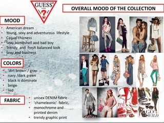 OVERALL MOOD OF THE COLLECTION

        MOOD
•       American dream
•       Young, sexy and adventurous lifestyle
•       Casual chicness
•       Sexy bombshell and bad boy
•       Trendy and fresh balanced look
•       Sexy and business

    COLORS
    •    'dirt brown‘/ gray
    •    navy /dark green
    •    black is dominate
    •    beige
    •    red
                     • unisex DENIM fabric
        FABRIC       • 'chameleonic' fabric,
                     • monochrome and
                       printed denim
                     • trendy graphic print
 