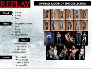 OVERALL MOOD OF THE COLLECTION


Mood      • Urban
          • Young
          • Sexy

Fabric    •    Polyester & Elastin
          •    Linen
          •    Denim
          •    Lether
          •    Polyurethane

                     Colors
             neutral colorssss•
                light colorssss•
              bright colors sss•
          stripes patterns sss•

Texture    •   Burn effect
           •   Worn effects
           •   Faded & effect
           •   Vintage effect
 