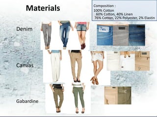Composition :
   Materials   100% Cotton
                60% Cotton, 40% Linen
               76% Cotton, 22% Polyester, 2% Elastin


Denim




Canvas




Gabardine
 