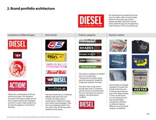 2. Brand portfolio architecture
                                                                                                                                          The Diesel logo has remained the same
                                                                                                                                          since its origins., when its brand image
                                                                                                                                          referred to hard jeans, gas stations,
                                                                                                                                          asphalt and bikes. Since then only the
                                                                                                                                          motto inside the logo has changed from
                                                                                                                                          “only the brave” to “for successful living”
                                                                                                                                                                                    .




 Coexistence of different logos                              Sister brands                         Product categories                     Brand on clothes




                                                                                                   The product categories are labeled
                                                                                                   also in an unusual way:
                                                                                                   ‘time frames’ for watches, ‘spare
                                                                                                   parts’ for accessories, ‘shades’ for
                                                                                                   sunglasses, ‘footwear’ for shoes.
                                                                                                                                           Diesel clothes are already
                                                                                                   They don’t have a logo and on           branded. On trousers the
                                                                                                   the ads their name is combined          D both in the front and
                                                                                                   with the D, but occasionally, when      in the back have become
                                                                                                   the ad is only about one product        part of the design already.
 Diesel uses a combination of the old                        The sister brands have a completely   category , the diesel logo is           T-shirts use the brand
 and the new logos. The mohawk is                            different style and in the case       modified                                in a very expressive and
 still used in the trousers labels, the red                  of 55DSL the diesel name is
                                                                                                                                           free way and labels,
 box is mainly used for the campaigns                        contracted as a reference to slang
                                                                                                                                           change from collection
 and the D is used to label products (at                     and a street casual language. They
                                                                                                                                           to collection making
 the side of sunglasses, in the back of                      have one imagotype which is the
                                                                                                                                           different use of the brand
 the jeans,                                                  core and on top of that they make
                                                                                                                                           imagery constellation.
                                                             variations every season.

                                                                                                                                                                                        10
Enric Gili Fort | ID520 Communication Planning | Fall 2005 | Institute of Design, IIT
 