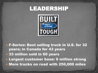 LEADERSHIP<br />F-Series: Best selling truck in U.S. for 32 years; in Canada for 43 years<br />33 million sold in 60 years...