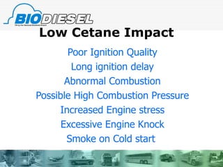 Low Cetane Impact Poor Ignition Quality Long ignition delay Abnormal Combustion Possible High Combustion Pressure Increased Engine stress Excessive Engine Knock Smoke on Cold start  