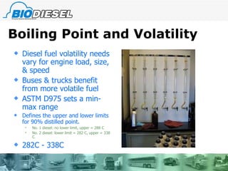 Boiling Point and Volatility Diesel fuel volatility needs vary for engine load, size, & speed Buses & trucks benefit from more volatile fuel ASTM D975 sets a min-max range Defines the upper and lower limits for 90% distilled point. No. 1 diesel: no lower limit, upper = 288 C No. 2 diesel: lower limit = 282 C, upper = 338 C. 282C - 338C 
