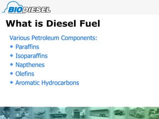 What is Diesel Fuel Various Petroleum Components: Paraffins Isoparaffins Napthenes Olefins Aromatic Hydrocarbons 