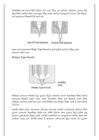 61
Chamber එක ෙවත ම වන ට ෙපර න ලද ඉ ධන ස්ව පය දහනය ම
ෙව පව න සා ෙදෙව ව ලබන ඉ ධන පහ ෙව දහනය ම ෙ .
ෙ ෙහ ෙව Knock අවම ෙ .
ඉහත ප සටහෙන Delay Type Nozzle එක ඉ ධන ලබන
ආකාරය ද වා ඇත.
Pintaux Type Nozzle
Pintaux ව ගෙ Nozzle ළ ධාන රට අමතරව තව Auxiliary Hole එක
(සහායක ර ) දැ ය හැක. ෙමම Auxiliary Hole එක Nozzle එෙ රස්
අ ෂයට ආනතව සකස් කර ඇත. ෙම Pintle එකද Delay Type එෙ ෙම
වැ ෙ .
එ ම Start කරන ෙම ෙහ ත ආ අ ෙ ගය පව න අවස්ථාවක ඉ ධන ම
ධාන වශෙය Auxiliary Hole එක ම වන අතර ධාන ර ම අ
ඉ ධන මාණය ලබ . එම ඉ ම හා පහ ෙව එ ම Start කර
ගැ මට පහ ෙ . එ ම Start සාමාන ෙ ගෙය යා කරන ට ධාන
 