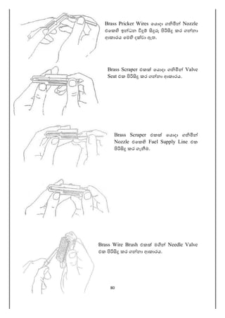 80
Brass Pricker Wires ෙය දා ග Nozzle
එෙක ඉ ධන කර ග නා
ආකාරය ෙම ද වා ඇත.
Brass Scraper එක ෙය දා ග Valve
Seat එක කර ග නා ආකාරය.
Brass Scraper එක ෙය දා ග
Nozzle එෙක Fuel Supply Line එක
කර ගැ ම.
Brass Wire Brush එක ම Needle Valve
එක කර ග නා ආකාරය.
 