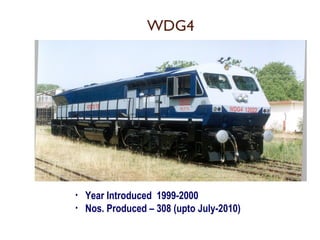WDG4 
• Year Introduced 1999-2000 
• Nos. Produced – 308 (upto July-2010) 
 