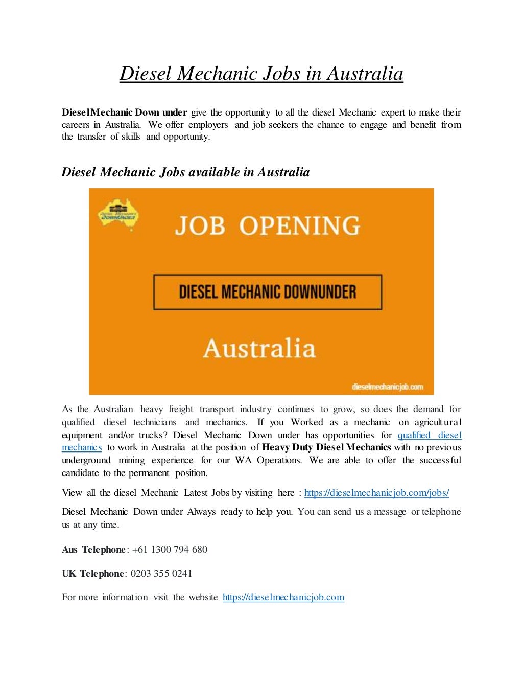 Diesel mechanic jobs in australia