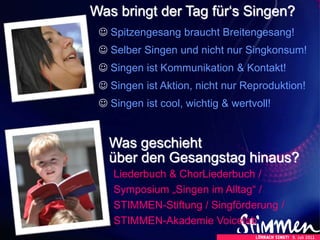 Was bringt der Tag für‘s Singen?
 Spitzengesang braucht Breitengesang!
 Selber Singen und nicht nur Singkonsum!
 Singen ist Kommunikation & Kontakt!
 Singen ist Aktion, nicht nur Reproduktion!
 Singen ist cool, wichtig & wertvoll!
Was geschieht
über den Gesangstag hinaus?
Liederbuch & ChorLiederbuch /
Symposium „Singen im Alltag“ /
STIMMEN-Stiftung / Singförderung /
STIMMEN-Akademie Voicelab
 
