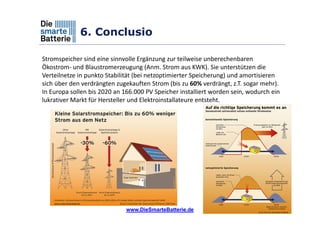 6. Conclusio
www.DieSmarteBatterie.de
Stromspeicher sind eine sinnvolle Ergänzung zur teilweise unberechenbaren
Ökostrom- und Blaustromerzeugung (Anm. Strom aus KWK). Sie unterstützen die
Verteilnetze in punkto Stabilität (bei netzoptimierter Speicherung) und amortisieren
sich über den verdrängten zugekauften Strom (bis zu 60% verdrängt, z.T. sogar mehr).
In Europa sollen bis 2020 an 166.000 PV Speicher installiert worden sein, wodurch ein
lukrativer Markt für Hersteller und Elektroinstallateure entsteht.
 