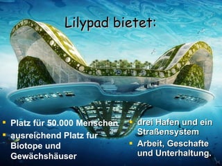 Lilypad  bietet: drei Hafen und ein Straßensystem  Arbeit, Geschafte und Unterhaltung. Platz für 50.000 Menschen  ausreichend Platz fur Biotope und  Gewächshäuser 