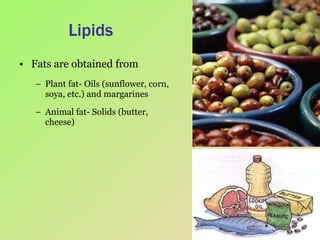 Lipids Fats are obtained from Plant fat- Oils (sunflower, corn, soya, etc.) and margarines  Animal fat- Solids (butter,  cheese) 