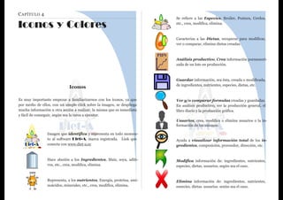 CAPÍTULO 4
Iconos y Colores
Diet-A
CH2OH
O
HO OH
H
H
H
H
H
OH
OH
Imagen que identifica y representa en todo momen-
to al software Diet-A, marca registrada. Link que
conecta con www.diet-a.ec
Hace alusión a los Ingredientes, Maíz, soya, aditi-
vos, etc., crea, modifica, elimina.
Representa, a los nutrientes, Energía, proteína, ami-
noácidos, minerales, etc., crea, modifica, elimina.
Se refiere a las Especies, Broiler, Postura, Cerdos,
etc., crea, modifica, elimina.
Caracteriza a las Dietas, recuperar para modificar,
ver o comparar, elimina dietas creadas.
Análisis productivo, Crea información pormenori-
zada de un lote en producción.
Guardar información, sea ésta, creada o modificada,
de ingredientes, nutrientes, especies, dietas, etc.
Ver y/o comparar formulas creadas y guardadas.
En análisis productivo, ver la producción general, el
libro diario y la producción gráfica.
Usuarios, crea, modifica o elimina usuarios o la in-
formación de los mismos.
Ayuda a visualizar información total de los in-
gredientes, composición, proveedor, dirección, etc.
Modifica información de: ingredientes, nutrientes,
especies, dietas, usuarios, según sea el caso.
Elimina información de: ingredientes, nutrientes,
especies, dietas, usuarios, según sea el caso.
Iconos
Es muy importante empezar a familiarizarnos con los iconos, ya que
por medio de ellos, con un simple click sobre la imagen, se despliega
mucha información u otra acción a realizar, la misma que es inmediata
y fácil de conseguir, según sea la tarea a ejecutar.
PDN
 