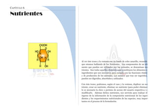 CAPÍTULO 6
Nutrientes
Al ver éste icono y la ventana con un fondo de color amarillo, recuerde
que estamos hablando de los Nutrientes. Los componentes de un ali-
mento que pueden ser utilizados por los animales, se denominan nu-
trientes. Son todos aquellos elementos que constituyen los alimentos o
ingredientes que son necesarios para cumplir con las funciones vitales
y de producción de los animales. Los mismos que tras ser ingeridos,
pueden ser digeridos, absorbidos y utilizados.
Con éste ícono; podremos, según el caso y la ventana, duplicar un nu-
triente, crear un nutriente, eliminar un nutriente (para poder eliminar-
lo es necesario la clave o permiso de acceso del usuario respectivo,) o
modificarlo. Ademas dichos nutrientes, nos servirán para realizar el
ingreso de la información de la composición nutricional de los ingre-
dientes y los requerimientos nutricionales de las especies, muy impor-
tantes en el proceso de la formulación.
 