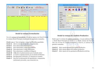 Desde la ventana Formulación
Ya en la ventana de formulación a la que se ingresa con Ctrol+N desde
la ventana Menú Principal, se activarán los siguientes comandos,
Ctrol+1,2..0 Para recuperar y cargar las Plantillas guardadas.
Ctrol+A Abre la ventana de Análisis de producción.
Ctrol+C Para seleccionar la Calculadora
Ctrol+I Para seleccionar y cargar Ingredientes
Ctrol+N Para seleccionar y cargar Nutrientes
Ctrol+E Para seleccionar y modificar la Especie
Ctrol+R A Resolver el planteamiento por el método solver
Ctrol+T A resolver el planteamiento por el método del Tanteo
Ctrol+G Para Guardar la fórmula y le solicitará un nombre
Ctrol+V Para Ver la información de ingredientes: composición
nutricional, proveedor, casa comercial, etc.
Desde la ventana de Análisis Productivo
Desde aquí, la ventana de análisis productivo, a la que podemos llegar
1. Desde Menú Principal con Ctrol+A o 2. Desde ventana de Formula-
ción con el icono de Análisis Productivo o Ctrol+A, se activan los si-
guientes comandos.
Ctrol+G Abrir reporte General del análisis productivo
Ctrol+D Abrir reporte Diario del análisis productivo
Ctrol+P Abrir reporte de los parámetros Productivos del lote.
23
 