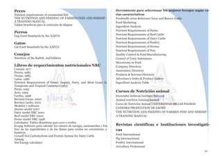Peces
Nutrient requirements of ornamental fish
THE NUTRITION AND FEEDING OF FARMED FISH AND SHRIMP -
A TRAINING MANUAL
Tablas brasileras para la nutrición de tilapias
Perros
Dog Food Standards by the AAFCO 
Gatos
Cat Food Standards by the AAFCO
Conejos
Nutrition of the Rabbit, 2nd Edition
Libros de requerimientos nutricionales NRC
Conejos 1977
Perros, 1985
Ovejas, 1985
Gatos, 1986
Nutrient Requirements of Goats: Angora, Dairy, and Meat Goats in
Temperate and Tropical Countries (1981)
Peces, 1993
Aves, 1994
Cerdos, 1998
Bovinos Carne, 2000
Bovinos Leche, 2001
Modelos y software
Horses model 2007
Dairy model NRC 2001
Beef model NRC 2000
Swine model NRC 1998
Calculador. Tablas Brasileras para aves y cerdos
Evapig Software para calcular los valores de energía, aminoácidos y fós-
foro de los ingredientes y de las dietas para cerdos en crecimiento y
hembras.
Cornell Net Carbohydrate and Protein System for Dairy Cattle
Amipig
Net Energy calculator
Herramienta para seleccionar los mejores forrajes según va-
rias caracteristicas
Feedstuffs 2009 Reference Issue and Buyers Guide
Feed Marketing
Ingredient Analysis
Nutrient Requirements of Swine
Nutrient Requirements of Beef Cattle
Nutrient Requirements of Dairy Cattle
Nutrient Requirements of Poultry
Nutrient Requirements of Horses
Nutrient Requirements of Pets
Quality Control in Feed Manufacturing
Control of Toxic Substances
Mycotoxins in Feed
Company Directory
Association Directory
Products & Services Directory
Advertiser’s Index & Product Gallery
Ingredient Analysis Table
Cursos de Nutrición animal
Esenciales lecheras Instituto Babcock
Animal nutrition training manual
Curso de Nutrición Animal UNIVERSIDAD DE LAS PALMAS
CATEDRA PRODUCCION DE LECHE
THE NUTRITION AND FEEDING OF FARMED FISH AND SHRIMP -
A TRAINING MANUAL
Revistas científicas e Instituciones investigati-
vas
Feed International
Pig Internactional
Poultry International
Avicultura Profesional
30
 