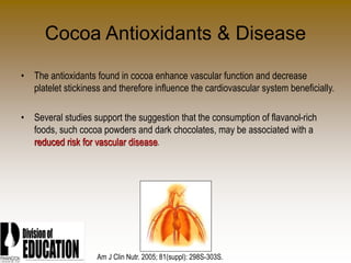2006
Cocoa Antioxidants & Disease
• The antioxidants found in cocoa enhance vascular function and decrease
platelet stickiness and therefore influence the cardiovascular system beneficially.
• Several studies support the suggestion that the consumption of flavanol-rich
foods, such cocoa powders and dark chocolates, may be associated with a
reduced risk for vascular disease.
Am J Clin Nutr. 2005; 81(suppl): 298S-303S.
 