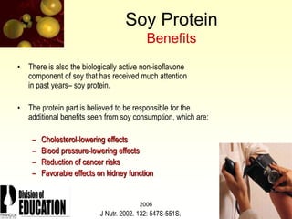 2006
Soy Protein
Benefits
• There is also the biologically active non-isoflavone
component of soy that has received much attention
in past years– soy protein.
• The protein part is believed to be responsible for the
additional benefits seen from soy consumption, which are:
– Cholesterol-lowering effects
– Blood pressure-lowering effects
– Reduction of cancer risks
– Favorable effects on kidney function
J Nutr. 2002. 132: 547S-551S.
 