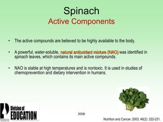 2006
Spinach
Active Components
• The active compounds are believed to be highly available to the body.
• A powerful, water-soluble, natural antioxidant mixture (NAO) was identified in
spinach leaves, which contains its main active compounds.
• NAO is stable at high temperatures and is nontoxic. It is used in studies of
chemoprevention and dietary intervention in humans.
Nutrition and Cancer. 2003; 46(2): 222-231.
 