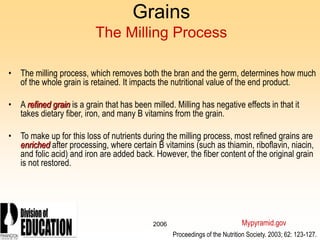 2006
Grains
The Milling Process
• The milling process, which removes both the bran and the germ, determines how much
of the whole grain is retained. It impacts the nutritional value of the end product.
• A refined grain is a grain that has been milled. Milling has negative effects in that it
takes dietary fiber, iron, and many B vitamins from the grain.
• To make up for this loss of nutrients during the milling process, most refined grains are
enriched after processing, where certain B vitamins (such as thiamin, riboflavin, niacin,
and folic acid) and iron are added back. However, the fiber content of the original grain
is not restored.
Mypyramid.gov
Proceedings of the Nutrition Society. 2003; 62: 123-127.
 