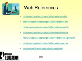 2006
Web References
• http://www.cdc.gov/nccdphp/dnpa/5ADay/month/beans.htm
• http://www.cdc.gov/nccdphp/dnpa/5ADay/month/berries.htm
• http://www.cdc.gov/nccdphp/dnpa/5ADay/month/cabbage.htm
• http://www.cdc.gov/nccdphp/dnpa/5ADay/month/broccoli.htm
• http://www.cdc.gov/nccdphp/dnpa/5ADay/month/brussels_sprouts.htm
• http://www.cdc.gov/nccdphp/dnpa/5ADay/month/orange.htm
• http://www.urbanext.uiuc.edu/Pumpkins/nutrition.html
 