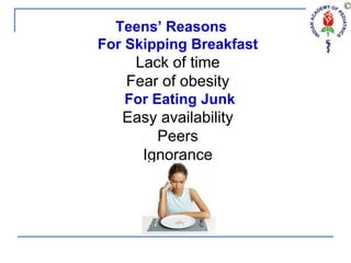 Teens’ Reasons
For Skipping Breakfast
Lack of time
Fear of obesity
For Eating Junk
Easy availability
Peers
Ignorance
 