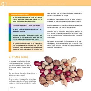 01

R E C O M E N D A C I O N E S A L I M E N TA R I A S : C Ó M O P L A N I F I C A R U N A A L I M E N TA C I Ó N S A L U D A B L E

Algunos consejos útiles:
El pan es recomendable en todas las comidas
del día, aunque es preferible el integral, rico en
fibra, vitaminas B1 y B6 y magnesio
Consuma pasta de 2 a 3 veces a la semana
El arroz debería incluirse también de 2 a 3
veces a la semana
Prefiera la bollería y la pastelería casera a la
industrial, ya que esta última suele ser más
rica en grasas saturadas y grasas “trans”
El consumo recomendado es de 4 a 6 raciones de cereales y derivados al día, con una
presencia importante de preparados integrales (arroz, pasta, pan, papilla de cereales, etc)

9. Frutos secos
La principal característica de los
frutos secos es su alto contenido
energético y su importante aporte
de ácidos grasos insaturados y
fibra.
Son una buena alternativa de proteínas y
lípidos de origen vegetal.
El contenido en grasas de las almendras,
avellanas, anacardos, piñones, pistachos y
nueces es mayoritariamente de tipo insatupágina 16

rado, es decir, que ayuda a controlar los niveles de triglicéridos y colesterol en sangre.
Por ejemplo, las nueces son ricas en ácido linolénico,
que tiene un efecto muy beneficioso para el corazón.
Los frutos secos son, además, una fuente extraordinaria de vitamina E, con efectos antioxidantes.
Además, por su contenido relativamente elevado en
fibra vegetal, no sólo ayudan a regular el tránsito intestinal, sino que también pueden reducir los trastornos
intestinales.
La ingesta recomendada de frutos secos es de 3 a 7
raciones por semana (una ración son 20-30g de frutos
secos, peso neto, sin cáscara) para adultos sanos sin
obesidad ni sobrepeso.

 