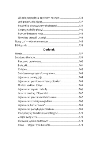 Jak.sobie.poradzić.z.apetytem.nocnym.....................................134
     Jeśli.pojawia.się.zgaga.......................................................................137
     Pojawił.się.podwyższony.cholesterol..........................................139
     Cierpisz.na.bóle.głowy?....................................................................140
                            .
     Przyszły.bezsenne.noce....................................................................142
                           .
     Nie.wiesz.czegoś?.Ucz.się!................................................................144
Nowy.„ja”.—.odniosłem.sukces...........................................................145
Bibliografia...................................................................................................153
                                                Dodatek
Wstęp.............................................................................................................157
Śniadania.i.kolacje.....................................................................................159
     Pieczywo.proteinowe........................................................................160
                        .
     Bułeczki....................................................................................................161
     Chlebek....................................................................................................162
     Śniadaniowy.przysmak.—.granola...............................................163
     Jajecznice,.omlety,.jaja......................................................................164
     Jajecznica.z.pomidorami.i.szczypiorkiem..................................165
     Omlet.z.serkiem.żółtym....................................................................165
                           .
     Jajecznica.z.szynką.i.cebulą.............................................................166
     Jeszcze.bardziej.żółty.omlet............................................................167
     Jajecznica.z.pieczarkami.lub.kurkami..........................................167
     Jajecznica.ze.świeżym.ogórkiem...................................................168
     Jajecznica.„konserwowa”.................................................................169
                            .
     Jajecznica.z.papryką.i.pieczarkami...............................................169
     Inne.pomysły.śniadaniowo-kolacyjne.........................................170
     Znajdź.swój.serek................................................................................170
     Parówki.z.jajkiem.sadzonym...........................................................173
     Polak.—.Węgier.dwa.bratanki........................................................173
 