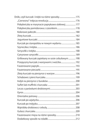 Drób,.czyli.kurczak.i.indyk.na.różne.sposoby.................................175
   „Czerwona”.indycza.rewolucja.......................................................176
   Polędwiczka.w.marynacie.paprykowo-ziołowej.....................177
   Polędwiczka.pomidorowa.z.czosnkiem.....................................178
                                     .
   Kolorowe.pałeczki...............................................................................180
   Złoty.kurczak.........................................................................................182
                .
   Jogurtowe.kurczaki.............................................................................184
   Kurczak.po.staropolsku.w.nowym.wydaniu.............................185
   Szyneczka.z.indyka..............................................................................186
   Sznycelki.z.indyka................................................................................188
   Cytrynowe.sznycelki...........................................................................189
   Grillowany.kurczak.zapiekany.w.sosie.cebulowym...............190
   Przepyszny.kurczak.z.warzywami.z.wo(r)ka..............................192
   Faszerowane.papryki.........................................................................193
                      .
   Faszerowane.pieczarki.......................................................................195
   Złoty.kurczak.na.pierzynce.z.warzyw..........................................196
                                      .
   Schabowe.z.piersi.kurczaka.............................................................199
   Indyk.na.pierzynce.z.buraków........................................................200
   Suflet.lub.muffinki.z.kurczaka.........................................................201
   Leczo.z.parówkami.drobiowymi...................................................203
                               .
   Gyros.........................................................................................................204
   Orientalne.potrawy.............................................................................206
   Kurczak.po.azjatycku..........................................................................206
   Kurczak.po.indyjsku............................................................................207
   Wątróbka.drobiowa.z.cebulą..........................................................208
   Gulasz.z.kurczaka.................................................................................209
   Faszerowane.mięsa.na.różne.sposoby.......................................210
                                     .
   Dodatkowy.sposób.na.roladki........................................................212
 