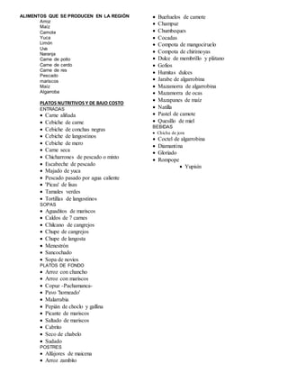 ALIMENTOS QUE SE PRODUCEN EN LA REGIÓN
Arroz
Maíz
Camote
Yuca
Limón
Uva
Naranja
Carne de pollo
Carne de cerdo
Carne de res
Pescado
mariscos
Maíz
Algarroba
PLATOS NUTRITIVOS Y DE BAJO COSTO
ENTRADAS
 Carne aliñada
 Cebiche de carne
 Cebiche de conchas negras
 Cebiche de langostinos
 Cebiche de mero
 Carne seca
 Chicharrones de pescado o mixto
 Escabeche de pescado
 Majado de yuca
 Pescado pasado por agua caliente
 'Picau' de lisas
 Tamales verdes
 Tortillas de langostinos
SOPAS
 Aguaditos de mariscos
 Caldos de 7 carnes
 Chilcano de cangrejos
 Chupe de cangrejos
 Chupe de langosta
 Menestrón
 Sancochado
 Sopa de novios
PLATOS DE FONDO
 Arroz con chancho
 Arroz con mariscos
 Copuz -Pachamanca-
 Pavo 'horneado'
 Malarrabia
 Pepián de choclo y gallina
 Picante de mariscos
 Saltado de mariscos
 Cabrito
 Seco de chabelo
 Sudado
POSTRES
 Alfajores de maicena
 Arroz zambito
 Bueñuelos de camote
 Champuz
 Chumbeques
 Cocadas
 Compota de mangociruelo
 Compota de chirimoyas
 Dulce de membrillo y plátano
 Gofios
 Humitas dulces
 Jarabe de algarrobina
 Mazamorra de algarrobina
 Mazamorra de ocas
 Mazapanes de maíz
 Natilla
 Pastel de camote
 Quesillo de miel
BEBIDAS
 Chicha de jora
 Coctel de algarrobina
 Diamantina
 Gloriado
 Rompope
 Yupisín
 