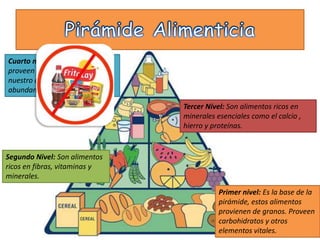 Cuarto nivel: Estos alimentos no
proveen casi ningún nutriente a
nuestro cuerpo pero son
abundantes en calorías.
Segundo Nivel: Son alimentos
ricos en fibras, vitaminas y
minerales.
Tercer Nivel: Son alimentos ricos en
minerales esenciales como el calcio ,
hierro y proteínas.
Primer nivel: Es la base de la
pirámide, estos alimentos
provienen de granos. Proveen
carbohidratos y otros
elementos vitales.
 