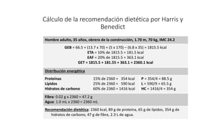 Cálculo de la recomendación dietética por Harris y
Benedict
Hombre adulto, 35 años, obrero de la construcción, 1.70 m, 70 kg, IMC 24.2
GEB = 66.5 + (13.7 x 70) + (5 x 170) – (6.8 x 35) = 1815.5 kcal
ETA = 10% de 1815.5 = 181.5 kcal
EAF = 20% de 1815.5 = 363.1 kcal
GET = 1815.5 + 181.55 + 363.1 = 2360.1 kcal
Distribución energética
Proteínas
Lípidos
Hidratos de carbono
15% de 2360 = 354 kcal
25% de 2360 = 590 kcal
60% de 2360 = 1416 kcal
P = 354/4 = 88.5 g
L = 590/9 = 65.5 g
HC = 1416/4 = 354 g
Fibra: 0.02 g x 2360 = 47.2 g
Agua: 1.0 mL x 2360 = 2360 mL
Recomendación dietética: 2360 kcal, 89 g de proteína, 65 g de lípidos, 354 g de
hidratos de carbono, 47 g de fibra, 2.3 L de agua.
 