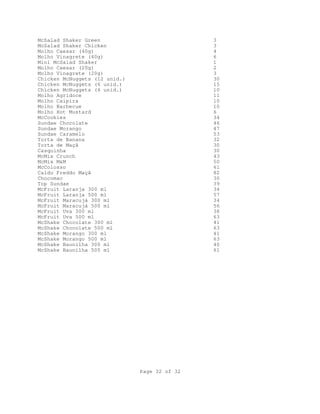 Page 32 of 32
McSalad Shaker Green 3
McSalad Shaker Chicken 3
Molho Caesar (40g) 4
Molho Vinagrete (40g) 6
Mini McSalad Shaker 1
Molho Caesar (20g) 2
Molho Vinagrete (20g) 3
Chicken McNuggets (12 unid.) 30
Chicken McNuggets (6 unid.) 15
Chicken McNuggets (4 unid.) 10
Molho Agridoce 11
Molho Caipira 10
Molho Barbecue 10
Molho Hot Mustard 6
McCookies 34
Sundae Chocolate 46
Sundae Morango 47
Sundae Caramelo 53
Torta de Banana 32
Torta de Maçã 30
Casquinha 30
McMix Crunch 43
McMix M&M 50
McColosso 61
Caldo Freddo Maçã 82
Chocomac 30
Top Sundae 39
McFruit Laranja 300 ml 34
McFruit Laranja 500 ml 57
McFruit Maracujá 300 ml 34
McFruit Maracujá 500 ml 56
McFruit Uva 300 ml 38
McFruit Uva 500 ml 63
McShake Chocolate 300 ml 41
McShake Chocolate 500 ml 63
McShake Morango 300 ml 41
McShake Morango 500 ml 63
McShake Baunilha 300 ml 40
McShake Baunilha 500 ml 61
 