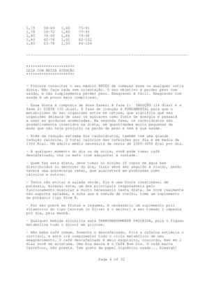 Page 6 of 32
1,75 58-69 1,83 75-91
1,78 59-72 1,85 77-95
1,80 74-60 1,88 79-98
1,83 62-76 1,91 82-102
1,85 63-78 1,93 84-106
--------------------------------------------------------------------------
**********************
LEIA COM MUITA ATENÇÃO
**********************
- Procure consultar o seu médico ANTES de começar essa ou qualquer outra
dieta. Não faça nada sem orientação. O seu objetivo é perder peso com
saúde, e não simplesmente perder peso. Emagrecer é fácil. Emagrecer com
saúde é um pouco mais complicado.
- Essa dieta é composta de duas fases: A fase 1: INDUÇÃO (14 dias) e a
fase 2: DIETA (30 dias). A fase de indução é FUNDAMENTAL para que o
metabolismo do seu organismo entre em cetose, que significa que seu
organismo deixará de usar os açúcares como fonte de energia e passará
a usar as gorduras acumuladas. Na segunda fase, os carboidratos são
gradativamente inseridos na dieta, em quantidades muito pequenas de
modo que não haja prejuízo na perda de peso e nem à sua saúde.
- Além da redução extrema dos carboidratos, também tem uma grande
redução calórica. O total calórico das refeições por dia é em média de
1300 Kcal. Um adulto médio necessita de cerca de 2300-3000 Kcal por dia.
- A qualquer momento do dia ou da noite, você pode tomar café
descafeínado, chá ou mate (com adoçante) à vontade.
- Quem faz esta dieta, deve tomar no mínimo 10 copos de água bem
distribuídos no decorrer do dia, (isto deve ser seguido à risca), senão
haverá uma sobrecarga renal, que acarretará em problemas como
cálculos e outros.
- Tente não evitar a salada verde. Ela é uma fonte inestimável de
potássio, mineral este, um dos principais responsáveis pelo
funcionamento muscular e muito necessário nesta dieta. Se você realmente
não suporta saladas, e acha que é comida de coelho, tome um suplemento
de potássio tipo Slow K.
- Por ser pobre em frutas e legumes, é necessário um suplemento poli
vitamínico do tipo Centrum (o Silver é o melhor) a ser tomado 1 cápsula
por dia, pela manhã.
- Qualquer bebida alcoólica está TERMINANTEMENTE PROIBIDA, pois o fígado
metaboliza todo o álcool em glicose.
- Não beba café comum. Somente o descafeínado. Pois a cafeína estimula o
cortisol, e este irá comprometer todo o ciclo metabólico de seu
emagrecimento. O café descafeínado é meio esquisito, concordo, mas em 2
dias você se acostuma. Uma boa marca é o Café Bom Dia. O café marca
Carrefour, não presta. Tem gosto de papel higiênico usado... bleargh!
 