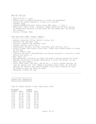 UMA VEZ POR DIA
--------------- Água-de-coco (1 copo).
- Pudim, doce ou geléia dietética (1 colher de sobremesa).
- Sorvete de frutas dietético (1 bola ou 1 picolé).
- Legumes (50g)
- Guaraná ANTÁRCTICA Diet (Outra marca NÃO serve - 1 lata )
- Embutidos: Todos (100g - Atenção. Compre embutidos de boas marcas.
As marcas mais baratas colocam amido em sua composição. Na dúvida,
não compre.)
- Ricota, Cottage (30g)
VOCÊ NÃO PODE COMER. NUNCA! JAMAIS!
----------------------------------- Massas, macarrão, bolos, doces, tortas, etc.
- Farinhas (de qualquer tipo)
- Cenoura e batata (de qualquer tipo)
- Cereais (milho, arroz, etc.)
- Leguminosas (Feijão, ervilha, lentilha, grão de bico, etc.)
- Frutas (Todas. Não existe fruta diet. Todas elas contém açúcar na forma
de frutose)
- Açúcar (Óbvio, né?)
- Café que não seja o descafeínado (A cafeína estimula o cortisol, e este
detona sua dieta...)
- Mel, Karo, etc.
- Refrigerantes, inclusive os light (Só pode o Guaraná Antarctica Diet)
- Bebidas alcoólicas (O fígado metaboliza o álcool em açúcar, aí sua
dieta vai pro espaço...)
- Leite (Nem light, nem diet, nem em pó... O leite contém lactose, um
tipo de açúcar, por isso também é proibido nesta dieta. Se você faz
questão de leite no seu café da manhã, dilua duas colheres de sopa
de creme de leite em 200ml de água)
- Requeijão cremoso de copo
-------------------------------------------------------------------------**********************
QUANTO DEVO EMAGRECER?
**********************
Veja na tabela abaixo o peso ideal para você:
MULHERES
ALTURA PESO
1,50
45-52
1,52
44-46
1,55
47-48
1,57
48-51
1,60
49-53
1,63
51-56
1,65
52-59
1,68
53-62
1,70
55-64
1,73
56-67

HOMENS
ALTURA
1,57
1,60
1,63
1,65
1,68
1,70
1,73
1,75
1,78
1,80

PESO
52-55
54-58
57-62
59-66
61-69
63-73
66-77
68-80
70-84
72-85
Page 5 of 32

 