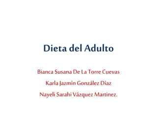 Dieta del Adulto
BiancaSusanaDe La Torre Cuevas
KarlaJazmín González Díaz
Nayeli SarahiVázquez Martinez.
 