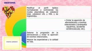 OBJETIVOS:
Modificar el perfil lipídico
normalizando o controlando los
niveles plasmáticos de colesterol
total, colesterol LDL y HDL y de
triglicéridos.
Detener la progresión de la
aterosclerosis y evitar la aparición
de eventos relacionados.
Mejorar las expectativas y la calidad
de vida.
• Evitar la aparición de
aterosclerosis y eventos
relacionados (cardiopatía
isquémica, accidente
cerebrovascular, etc).
 