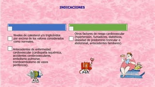 INDICACIONES
Niveles de colesterol y/o triglicéridos
por encima de los valores considerados
como normales.
Antecedentes de enfermedad
cardiovascular (cardiopatía isquémica,
accidentes cerebrovasculares,
embolismo pulmonar,
tromboembolismo de vasos
periféricos).
Otros factores de riesgo cardiovascular
(hipertensión, fumadores, diabéticos,
obesidad de predominio troncular o
abdominal, antecedentes familiares).
 